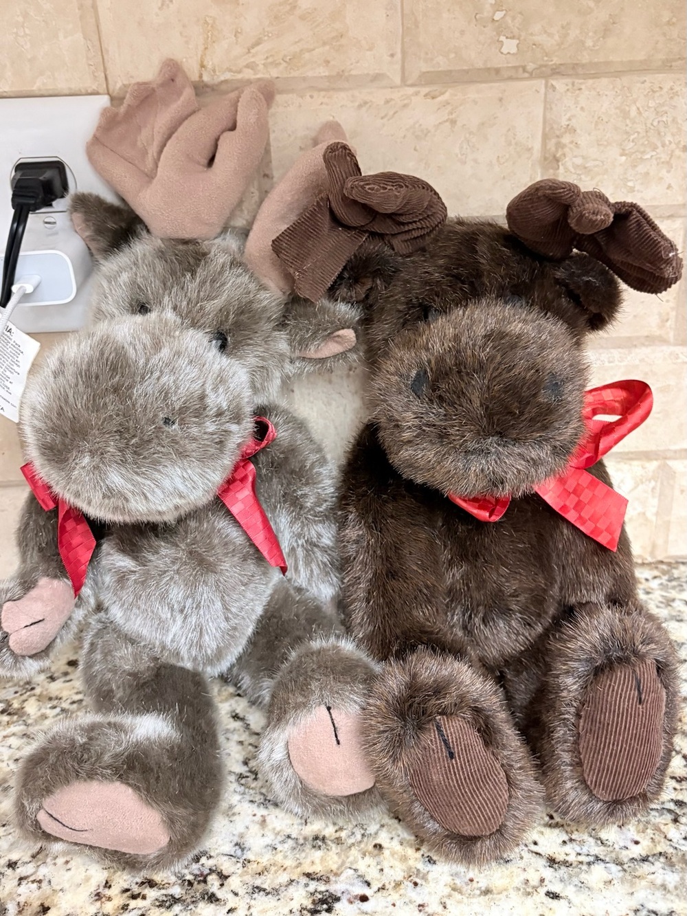 Boyds Bears Plush Moose Pair in Gray and Brown with Red Ribbons